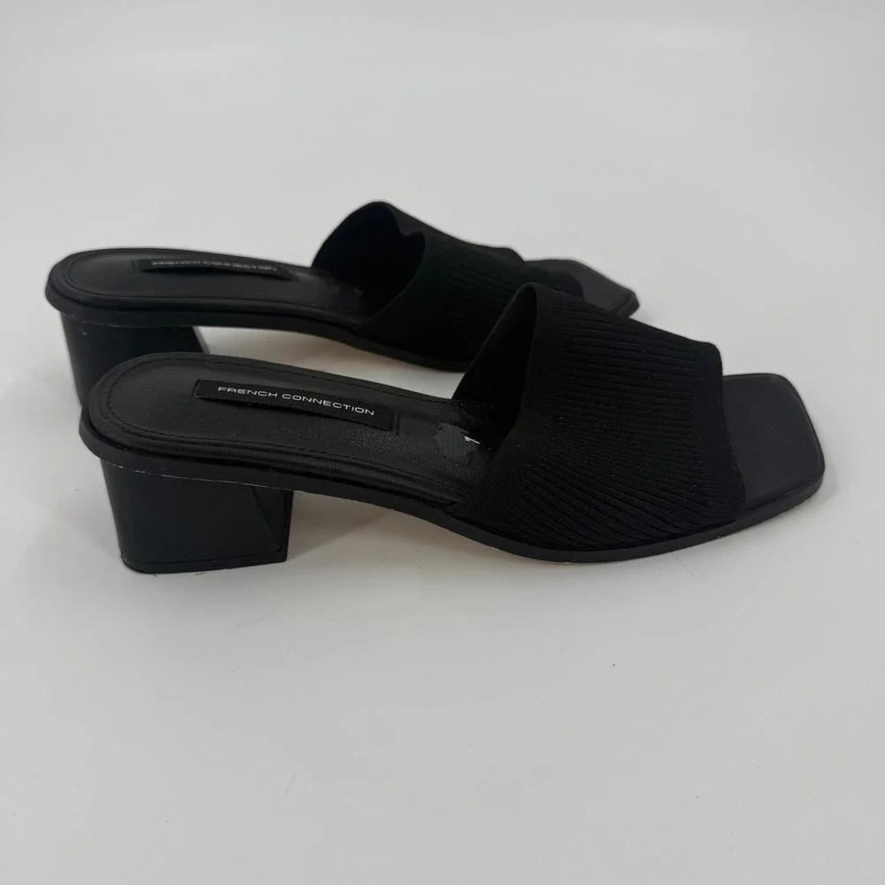 French Connection Slide Sandals Womens US 9 Black Upper Knit Open Toe Block Heel